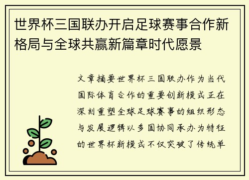 世界杯三国联办开启足球赛事合作新格局与全球共赢新篇章时代愿景