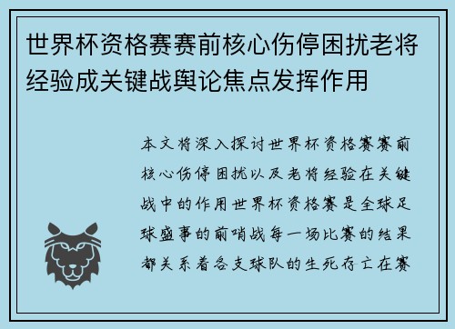 世界杯资格赛赛前核心伤停困扰老将经验成关键战舆论焦点发挥作用